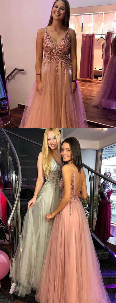 Pink Tulle Sequin Beads V-neck Backless Prom Dresses,PD00364