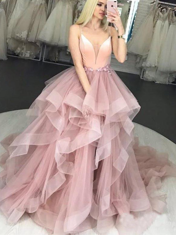 Pink Tulle Spaghetti Strap Ruffles Ball Gown Sweet-16 Prom Dresses