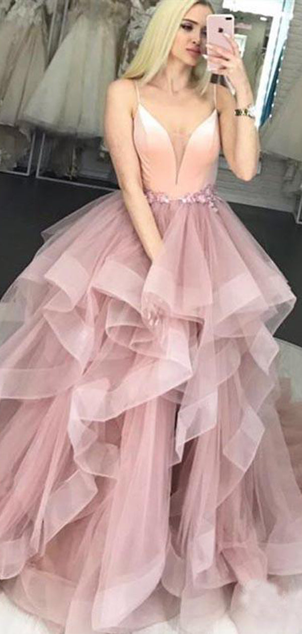 Pink Tulle Spaghetti Strap Ruffles Ball Gown Sweet-16 Prom Dresses,PD0 AlineBridal Pink Tulle Spaghetti Strap Ruffles Ball Gown Sweet-16 Prom Dresses,PD0 AlineBridal