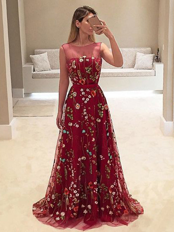 Popular Dark Red Floral Embroidery Sleeveless A-line Long Prom Dresses AlineBridal Popular Dark Red Floral Embroidery Sleeveless A-line Long Prom Dresses AlineBridal
