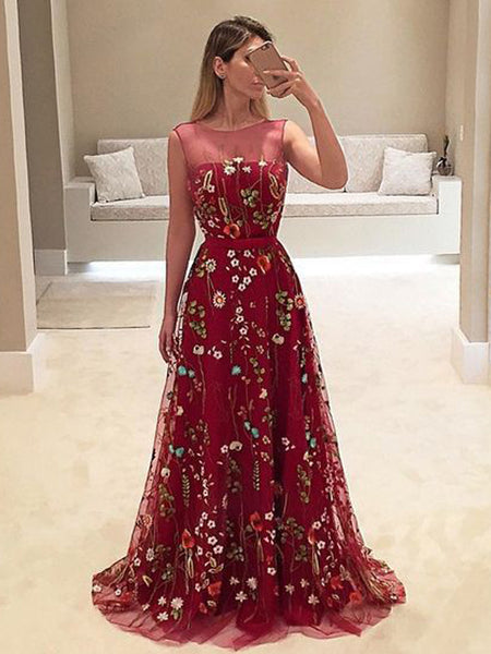 Popular Dark Red Floral Embroidery Sleeveless A line Long Prom Dresses AlineBridal