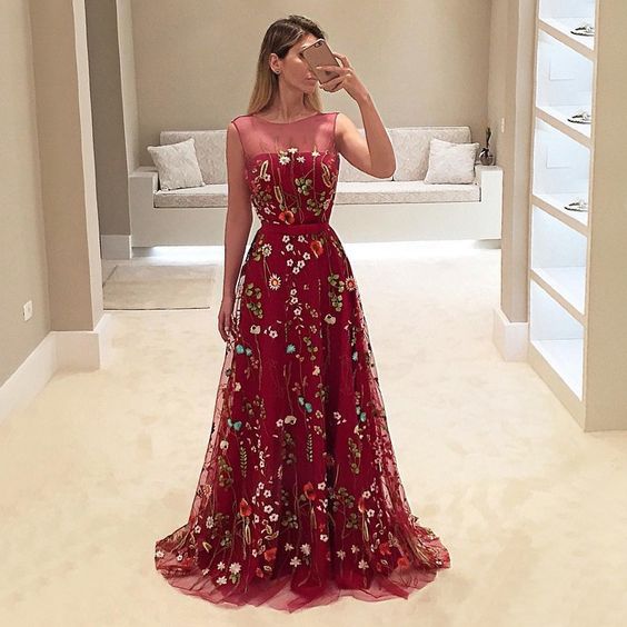 Popular Dark Red Floral Embroidery Sleeveless A-line Long Prom Dresses AlineBridal Popular Dark Red Floral Embroidery Sleeveless A-line Long Prom Dresses AlineBridal