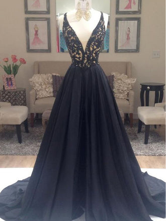 A-Line Deep V-neck Embroidery Long Lace Prom Dresses, PD0077