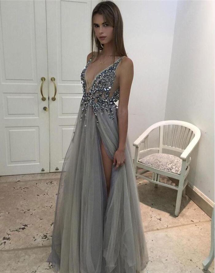 Popular Deep V Neck Charming Cocktail Ball Gown Evening Long Prom Dresses For Curvy Girls Online PD0185