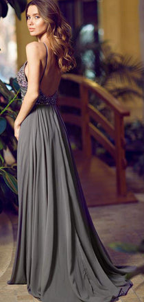 Popular Gray Chiffon Cheap Backless Sexy Evening Prom Dresses,PD0032