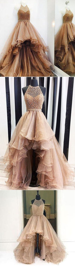 Popular High Low Brown Beaded Halter Ruffles Ball Gown Prom Dresses, PD00041