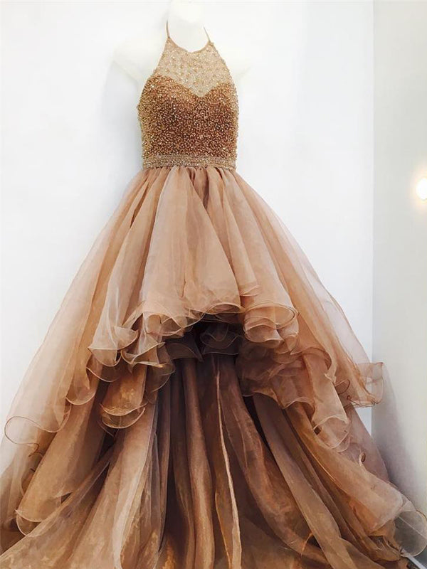 Popular High Low Brown Beaded Halter Ruffles Ball Gown Prom Dresses, PD00041