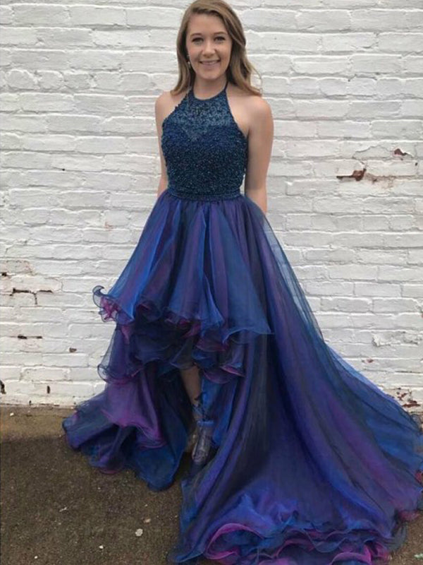 Popular High Low Navy Beaded Halter Ruffles Ball Gown Prom Dresses,PD00038