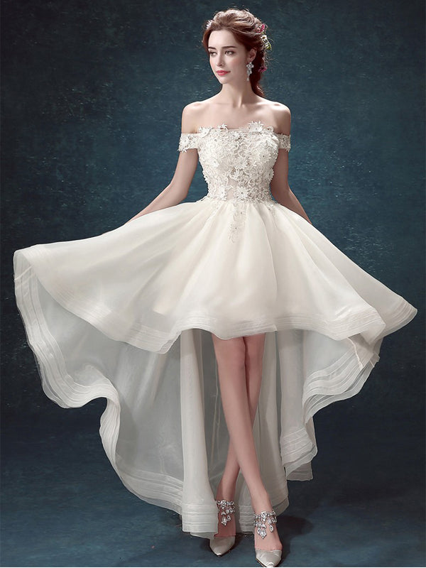 Popular High Low Off Shoulder White Organza Cheap Cocktail Formal Prom AlineBridal Popular High Low Off Shoulder White Organza Cheap Cocktail Formal Prom AlineBridal