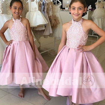 Popular High Low Pink Lace Satin Halter Flower Girl Dresses, FGS085