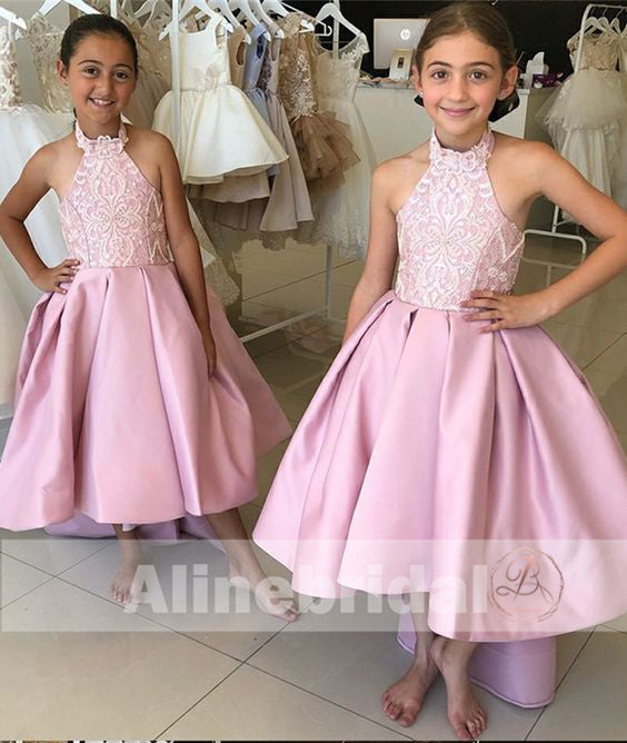 Popular High Low Pink Lace Satin Halter Flower Girl Dresses, FGS085