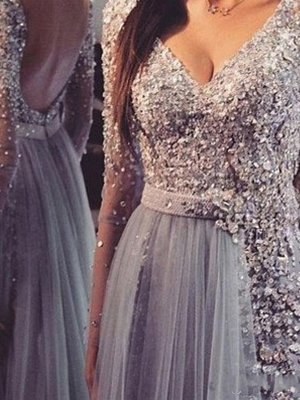 Long sleeve Prom Dresses, Grey Prom Dresses, Lace Prom Dresses, Backless Prom Dresses, V-Neck Prom Dresses, Custom Prom Dresses, PD0038