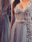 Popular Long Sleeve Grey Lace Backless V-neck Cocktail Unique Formal Prom Dress,PD0038