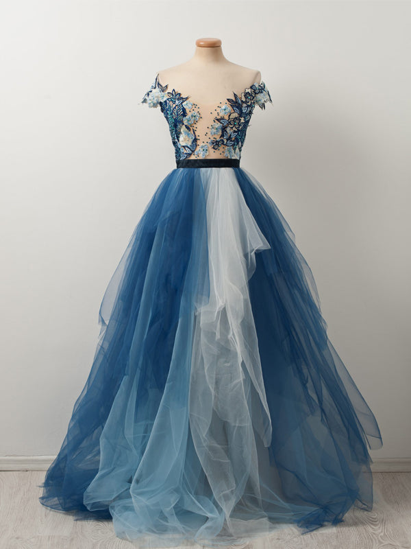 Gorgeous Blue Floral Lace Off Shoulder A-line Evening Gown, Formal Dre AlineBridal Gorgeous Blue Floral Lace Off Shoulder A-line Evening Gown, Formal Dre AlineBridal