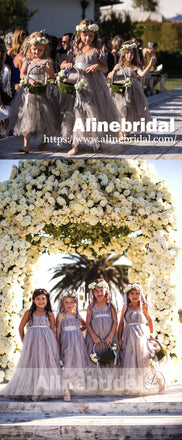 Popular Tulle Spaghetti Straps Long Flower Girl Dresses For Beach Wedding, FGS082