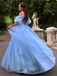 Baby Blue Princess Off-shoulder Floral Tulle A-line Long Prom Dress, PD3075