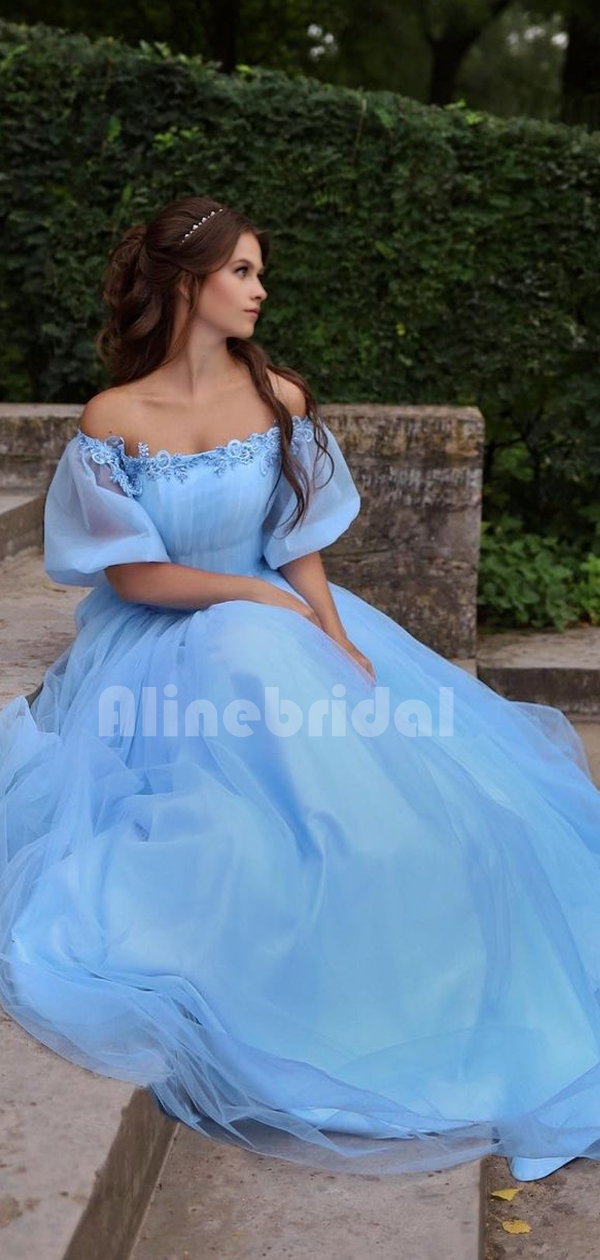 Baby Blue Princess Off-shoulder Floral Tulle A-line Long Prom Dress, P – AlineBridal Baby Blue Princess Off-shoulder Floral Tulle A-line Long Prom Dress, P – AlineBridal