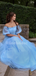 Baby Blue Princess Off-shoulder Floral Tulle A-line Long Prom Dress, PD3075