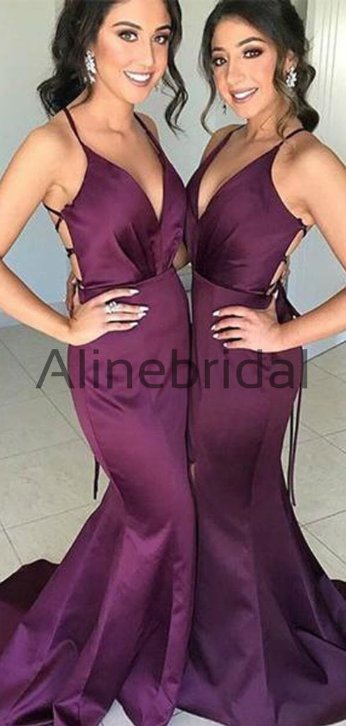 Purple Spaghetti Strap Lace Up Backless Mermaid Sexy Split Long Bridesmaid Dresses , AB4002