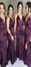 Purple Spaghetti Strap Lace Up Backless Mermaid Sexy Split Long Bridesmaid Dresses , AB4002