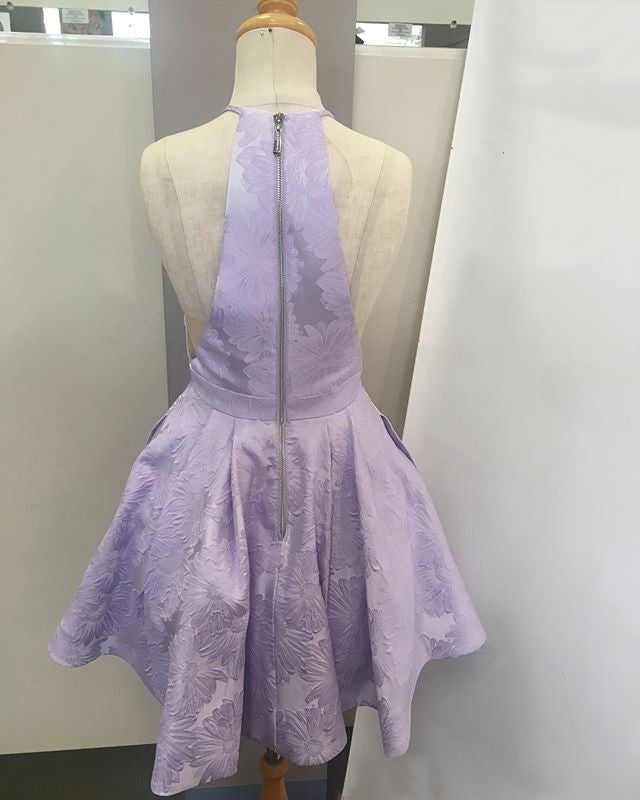 Purple Floral Prints Satin Halter Cut Neckline Homecoming Dresses ,HD0012