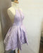 Purple Floral Prints Satin Halter Cut Neckline Homecoming Dresses ,HD0012