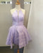 Purple Floral Prints Satin Halter Cut Neckline Homecoming Dresses ,HD0012