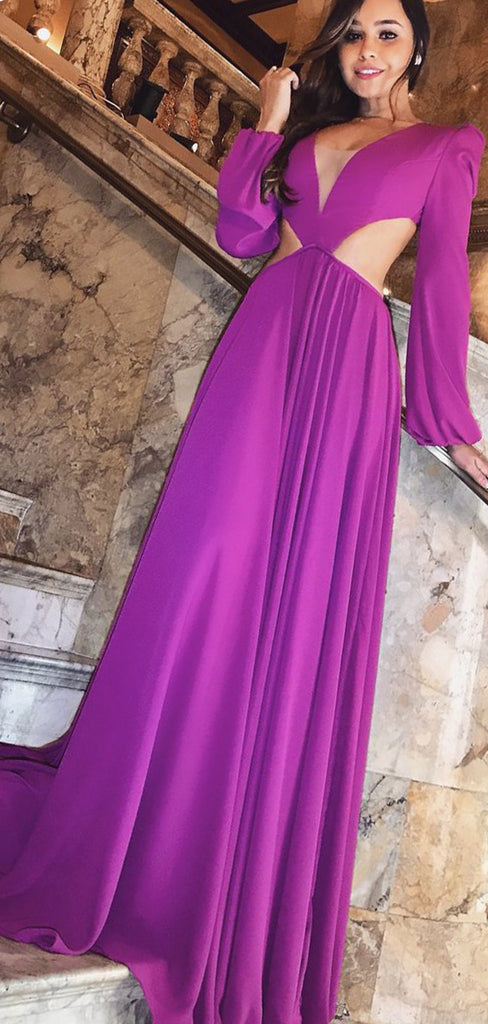 Purple Long Sleeve V-neck Open Back Prom Dresses ,PD00198