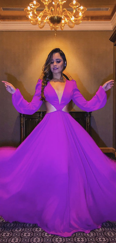 Purple Long Sleeve V-neck Open Back Prom Dresses ,PD00198