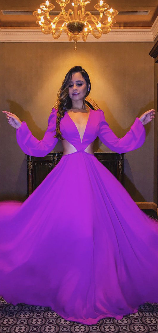 Purple Long Sleeve V neck Open Back Prom Dresses PD00198 AlineBridal