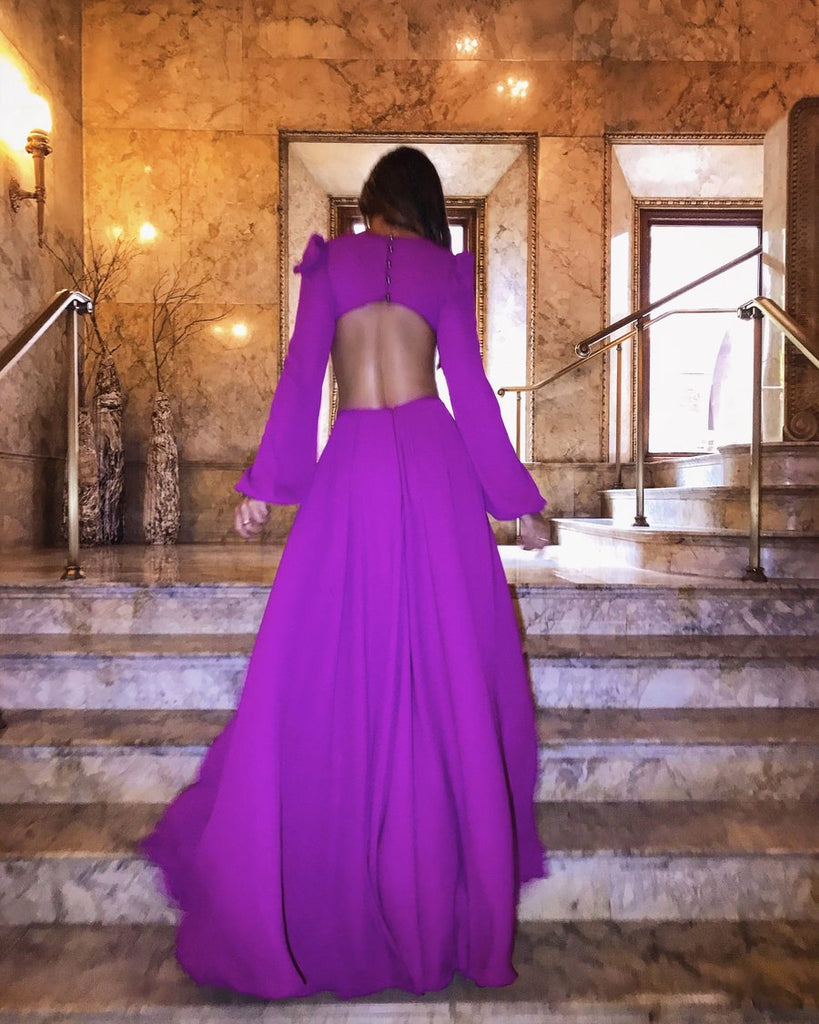 Purple Long Sleeve V-neck Open Back Prom Dresses ,PD00198