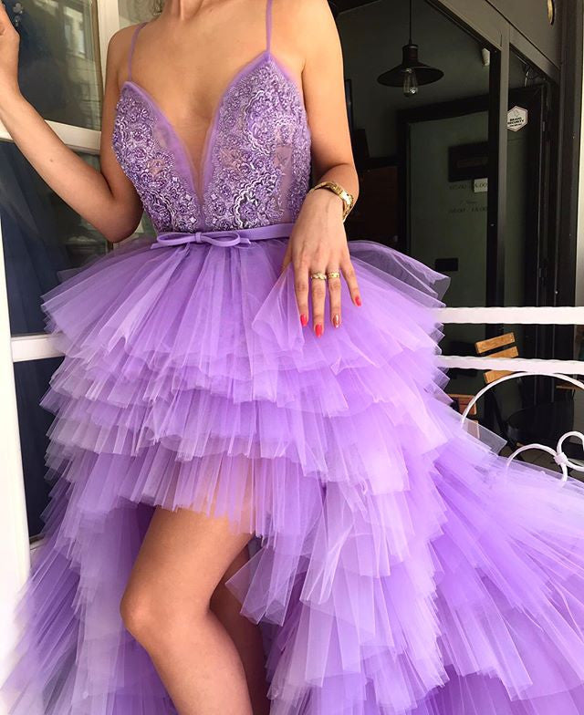 Purple Tiered Tulle High Low Spaghetti Stap Appliques Prom Dresses ,PD –  AlineBridal