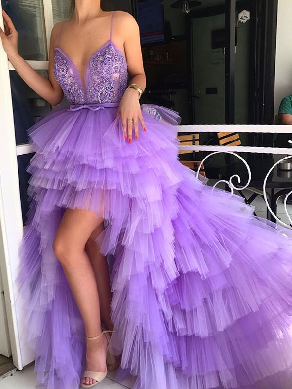 Purple Tiered Tulle High Low Spaghetti Stap Appliques Prom Dresses PD AlineBridal