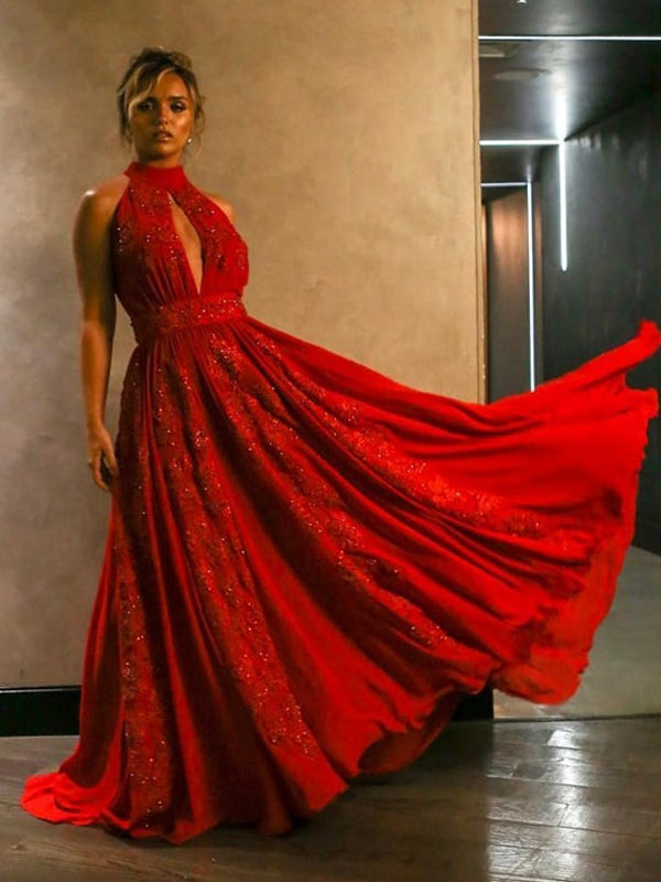 Red Lace Applique High Neck Halter A-line Prom Dresses,PD00330 AlineBridal Red Lace Applique High Neck Halter A-line Prom Dresses,PD00330 AlineBridal
