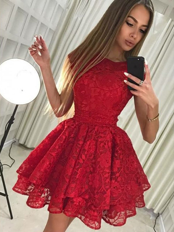 Red Lace Tiered Sleeveless Bowknot Mini Homecoming Dresses,HD0027 AlineBridal Red Lace Tiered Sleeveless Bowknot Mini Homecoming Dresses,HD0027 AlineBridal
