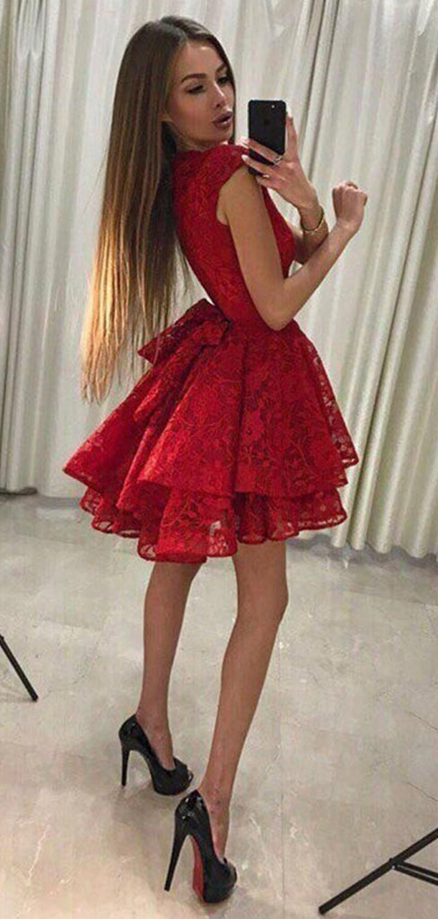 Red Lace Tiered Sleeveless Bowknot Mini Homecoming Dresses,HD0027