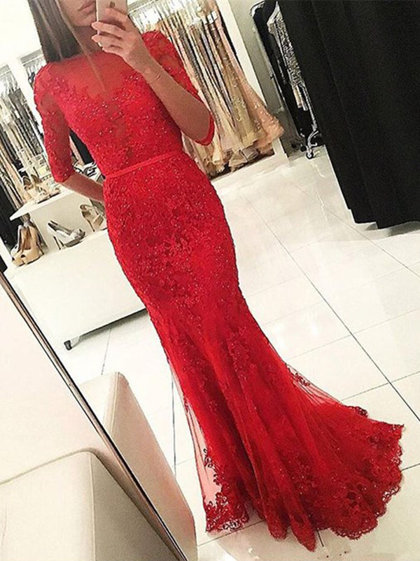 open lace back dress V Neck Floor Length Appliques Lace Red Prom Dresses With Slit Long Sle –  Hoprom