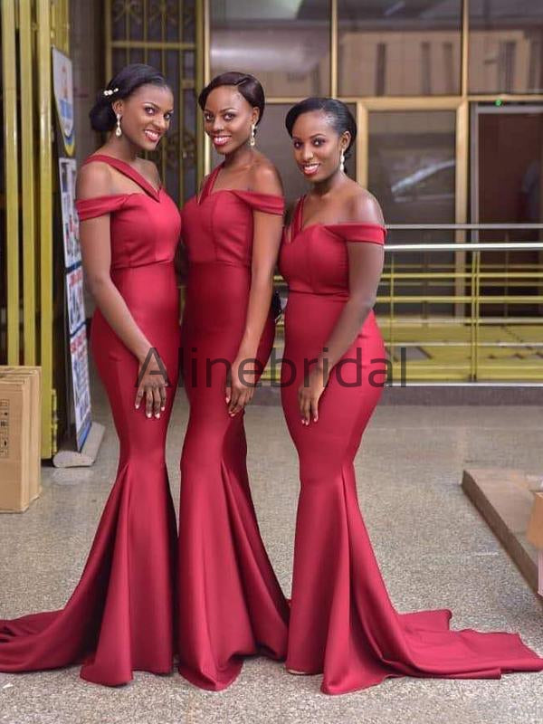 Red One Strap Off Shoulder Mermaid Sweep Train Long Bridesmaid Dresses AlineBridal