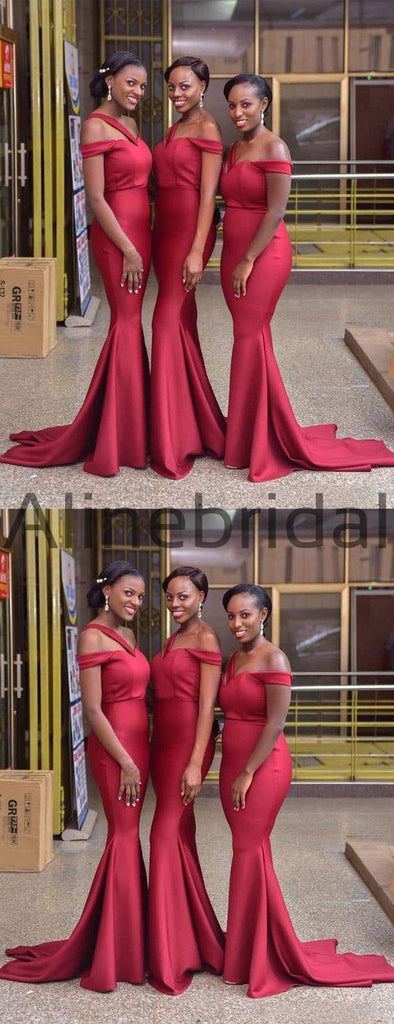 Red One Strap Off Shoulder Mermaid Sweep Train Long Bridesmaid Dresses, AB4089