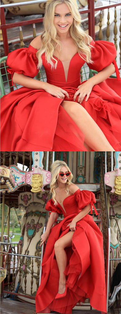 Red Satin Off Shoulder Lantern Sleeves Ball Gown Prom Dresses.PD00270