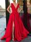 Red Satin Sleeveless V-neck Charming Prom Dresses,PD00158