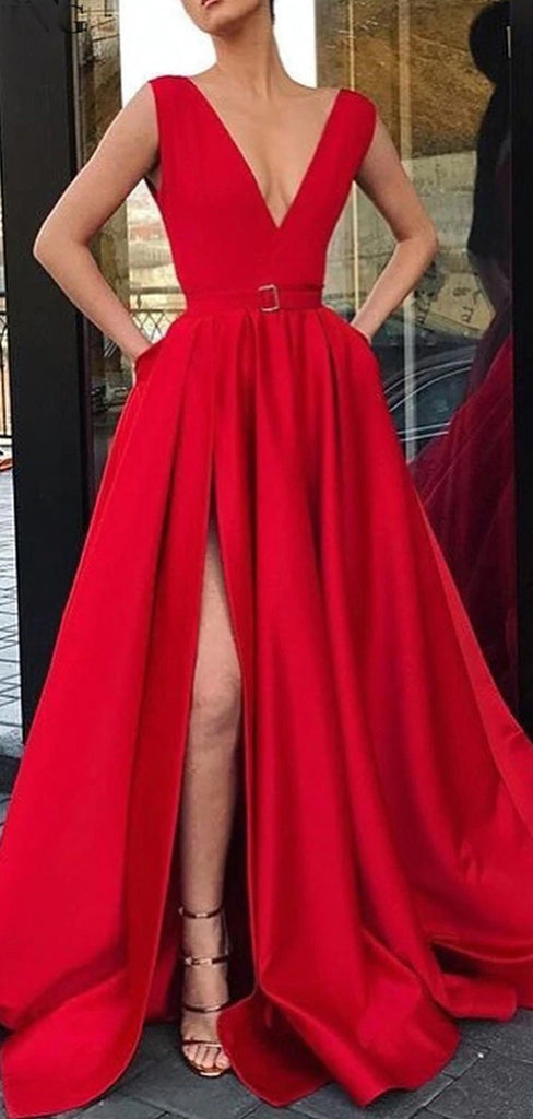 Red Satin Sleeveless V-neck Charming Prom Dresses,PD00158