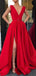 Red Satin Sleeveless V-neck Charming Prom Dresses,PD00158