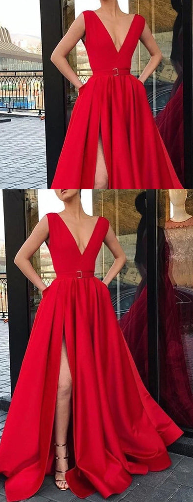 Red Satin Sleeveless V-neck Charming Prom Dresses,PD00158