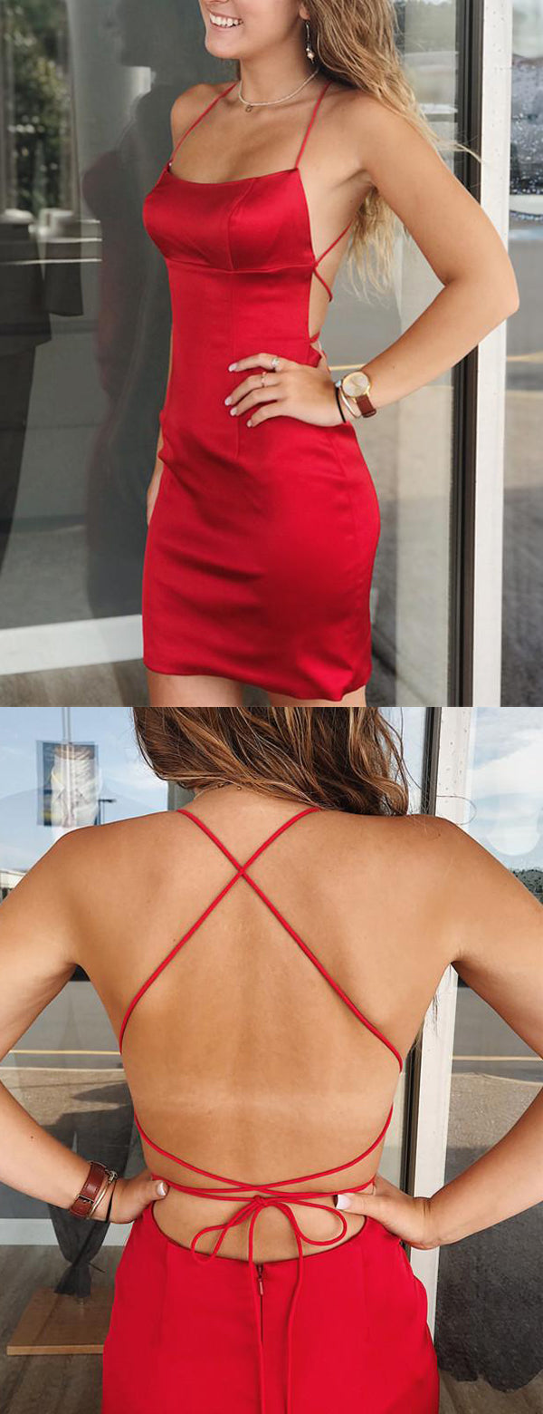 Red Satin Spaghetti Strap Lace Up Back Sheath Tight Homecoming Dresses AlineBridal Red Satin Spaghetti Strap Lace Up Back Sheath Tight Homecoming Dresses AlineBridal