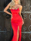 Red Satin Strapless Simple Silt Long Prom Dresses ,PD00169