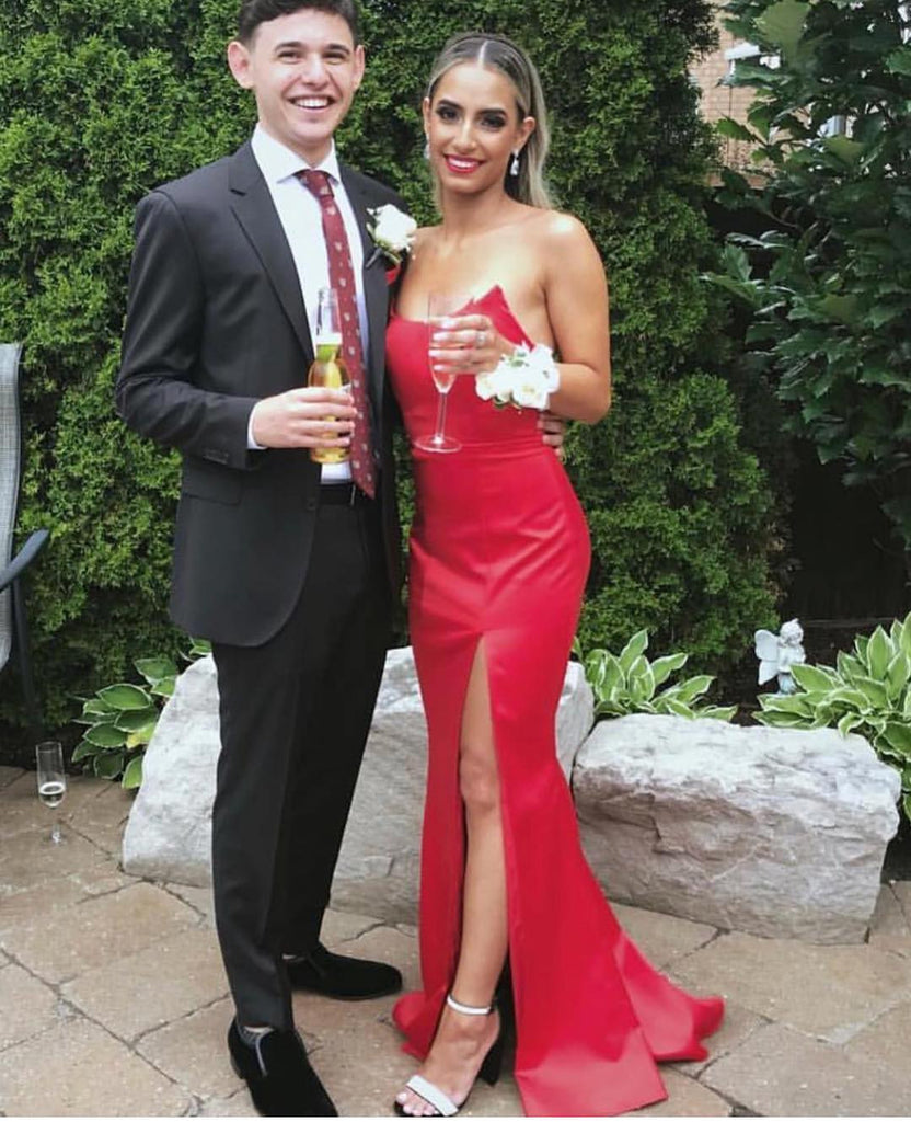 Red Satin Strapless Simple Silt Long Prom Dresses ,PD00169