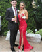 Red Satin Strapless Simple Silt Long Prom Dresses ,PD00169