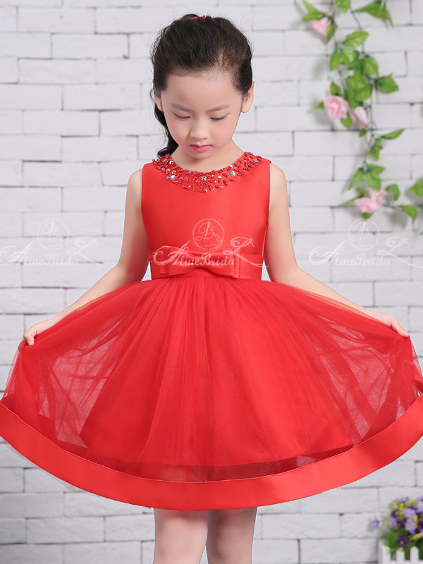 Red Satin Tulle Sparkly Neckline Cute Flower Girl Dresses, FGS135