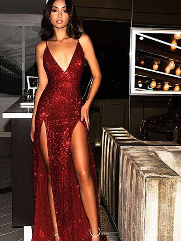 Red Lace Applique Prom Dresses Spaghetti Strap Plunging V-Neck Evening –  Viniodress